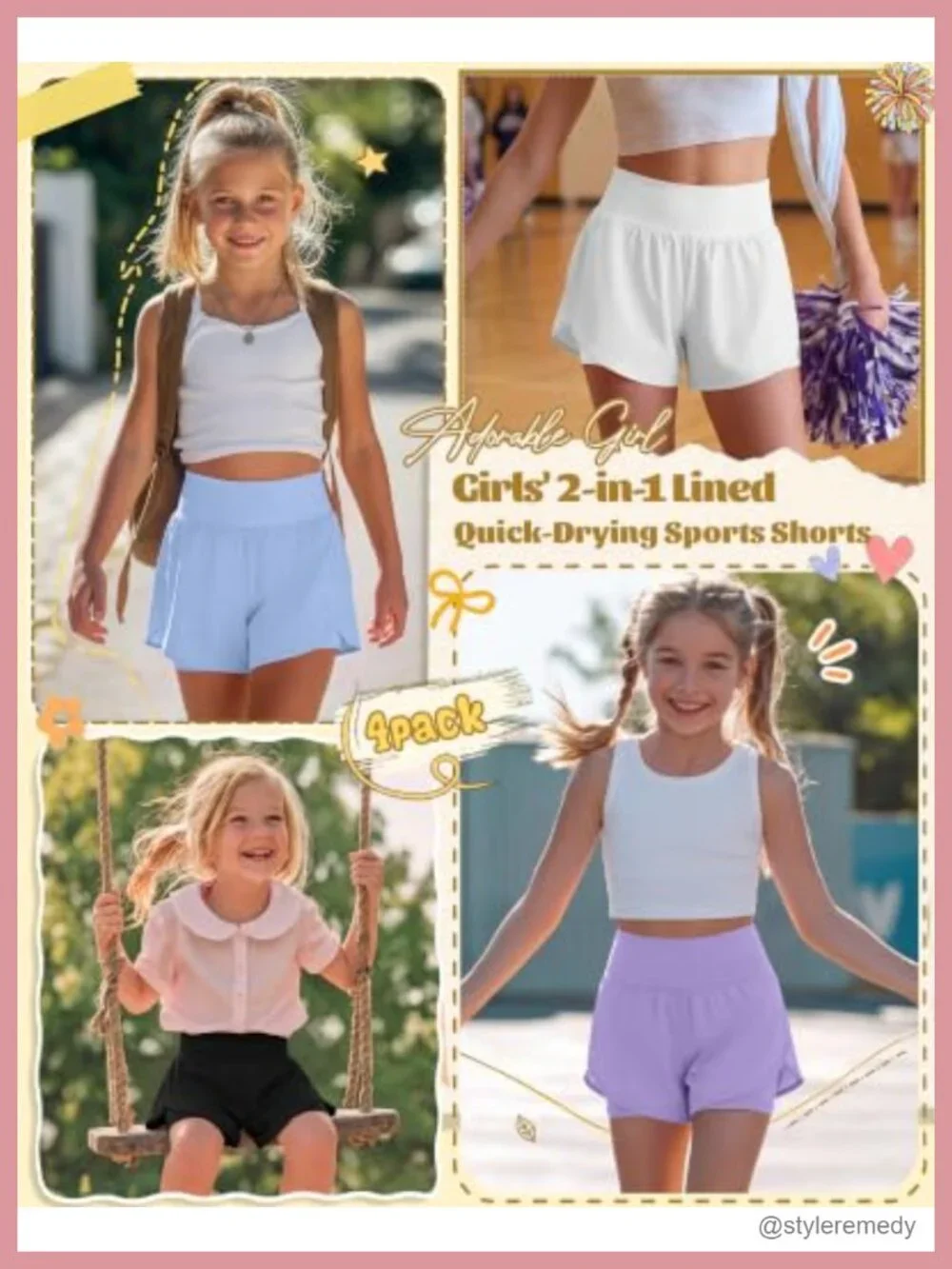 4 Pack Girls Athletic Shorts with Liner 2 in 1 Quick Dry High Waisted Running